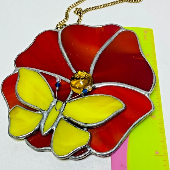 Stained Leaded Glass Butterfly Hibiscus Sun Catcher Hanging Window Art Decor - Picture 6 of 6